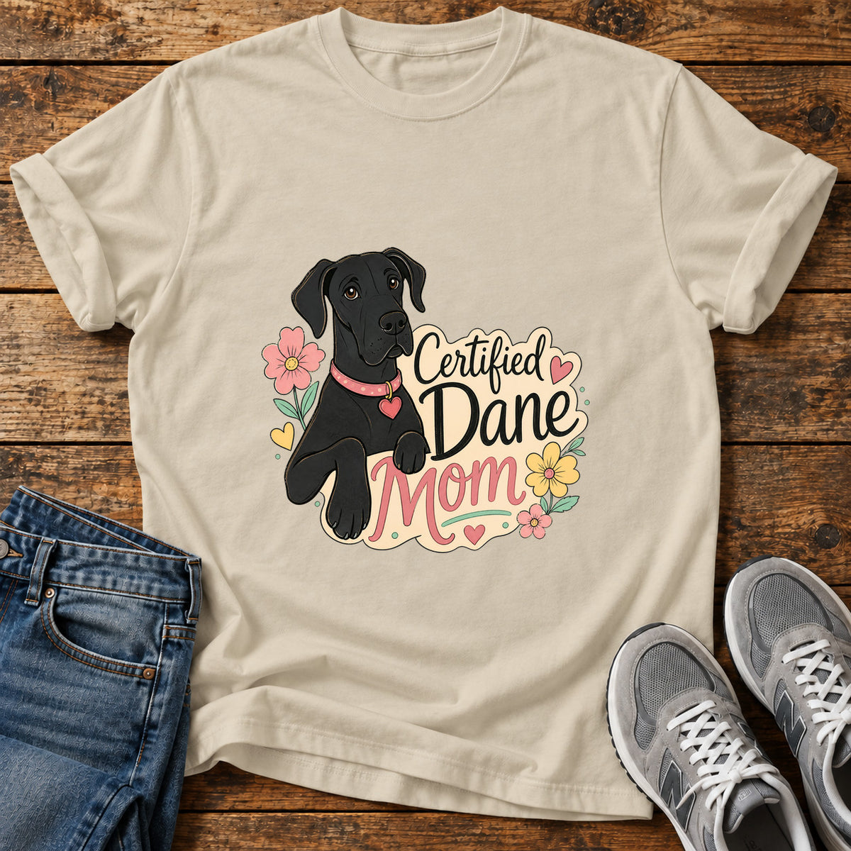 Certified Dane Mom Great Dane graphic T-shirt in Sand, shown on a flat-lay shirt mockup
