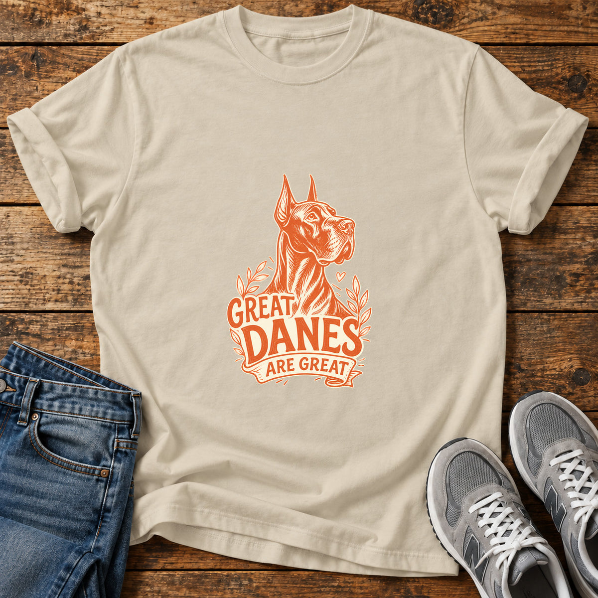 Great Danes Great graphic T-shirt in Sand, shown on a flat-lay shirt mockup