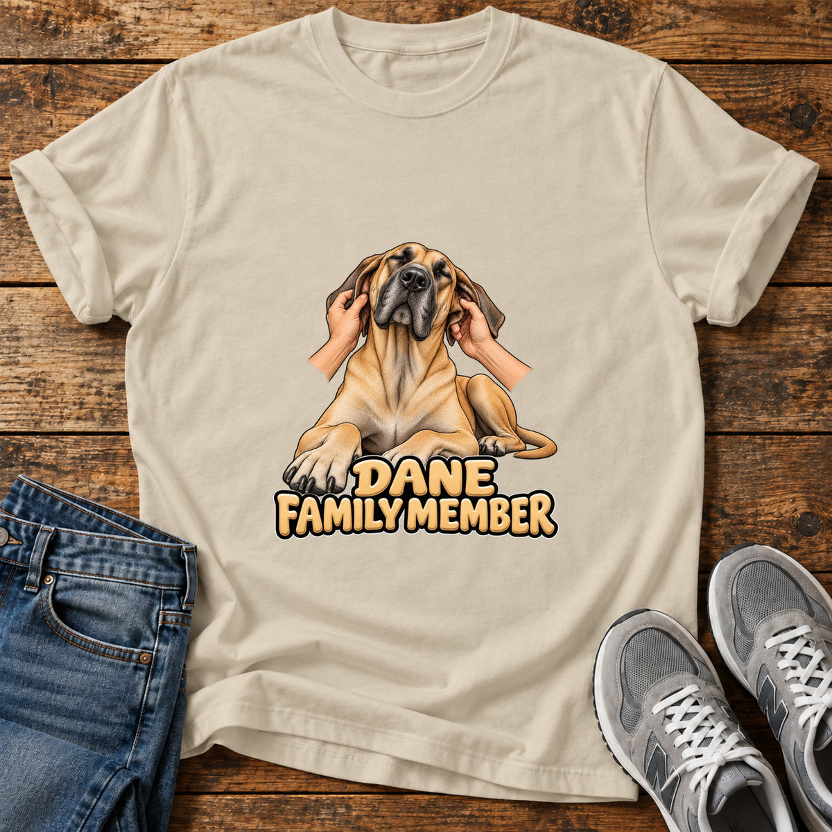 Dane Family Member Great Dane graphic T-shirt in Sand, shown on a flat-lay shirt mockup