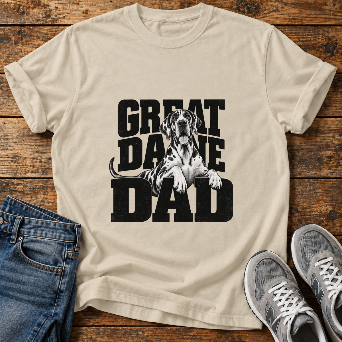 Great Dane Dad graphic T-shirt in Sand, shown on a flat-lay shirt mockup
