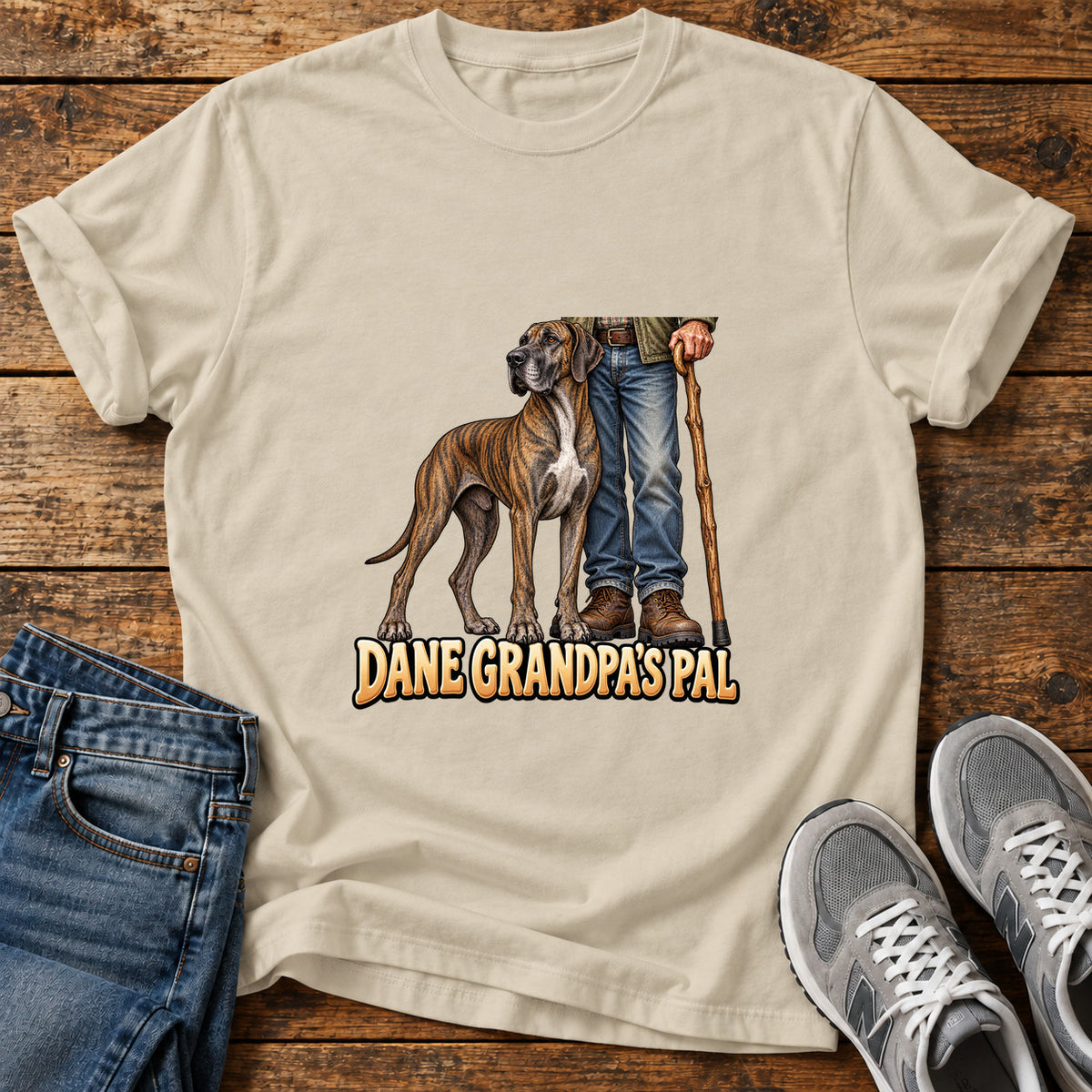 Dane Grandpa's Pal Great Dane graphic T-shirt in Sand, shown on a flat-lay shirt mockup