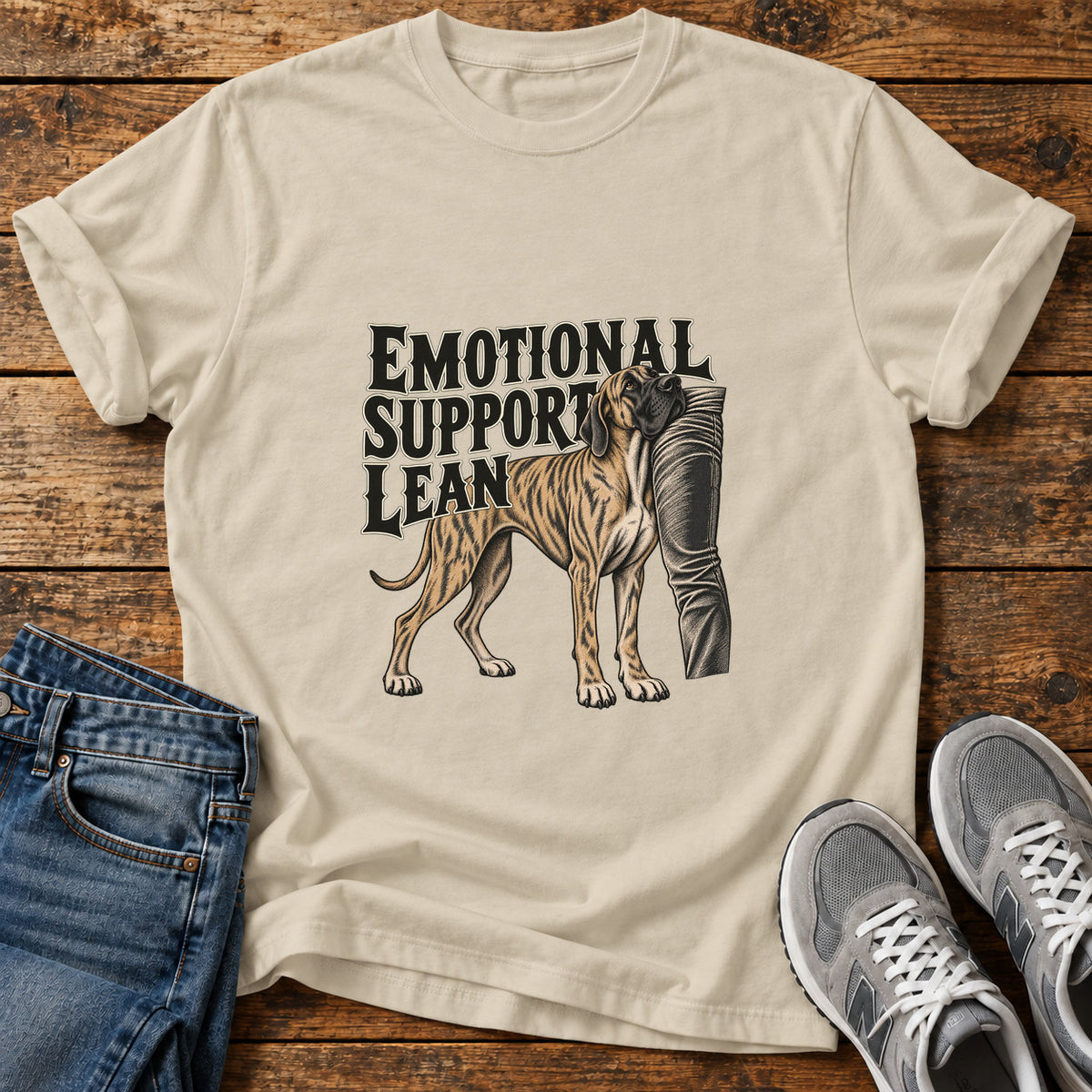 Emotional Support Lean Great Dane graphic T-shirt in Sand, shown on a flat-lay shirt mockup