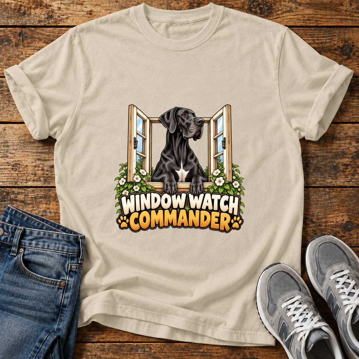 Window Watch Commander Great Dane graphic T-shirt in Sand, shown on a flat-lay shirt mockup