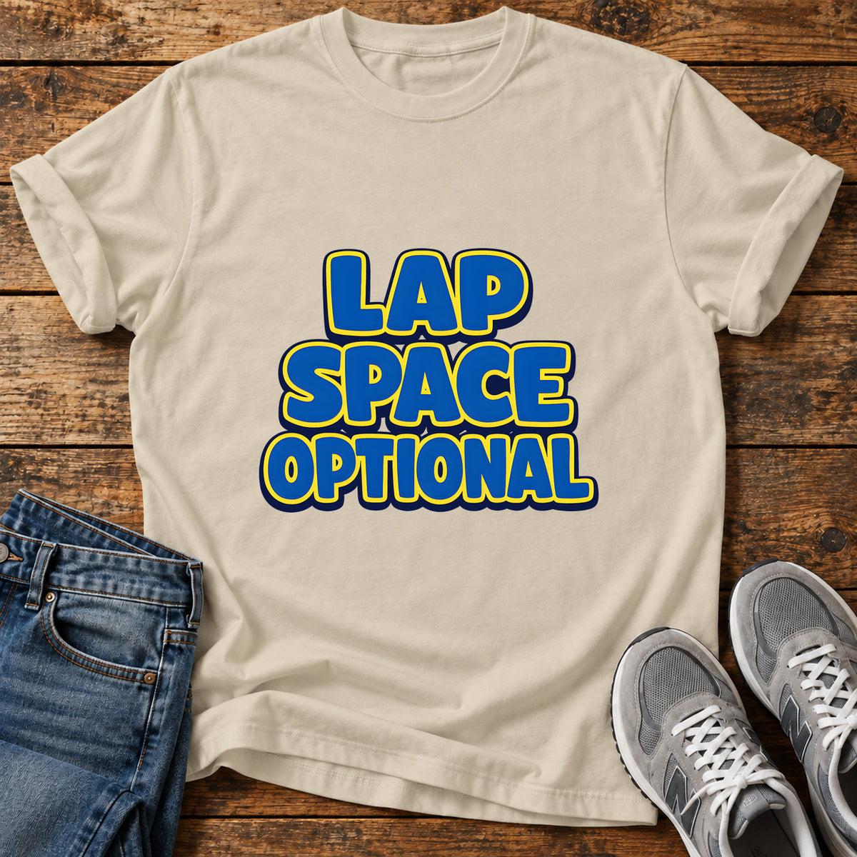 Lap Space Optional Great Dane graphic T-shirt in Sand, shown on a flat-lay shirt mockup