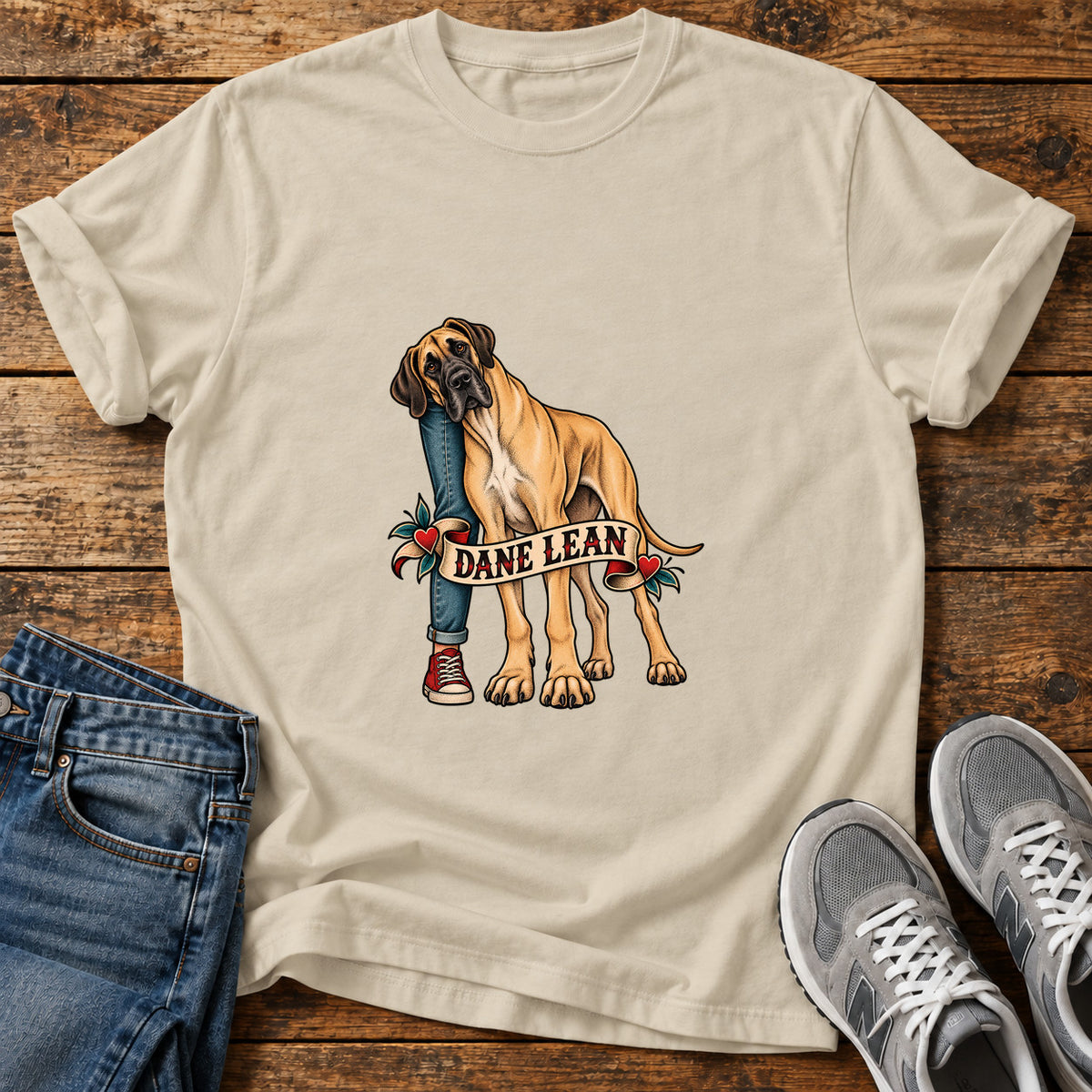 Dane Lean Great Dane graphic T-shirt in Sand, shown on a flat-lay shirt mockup