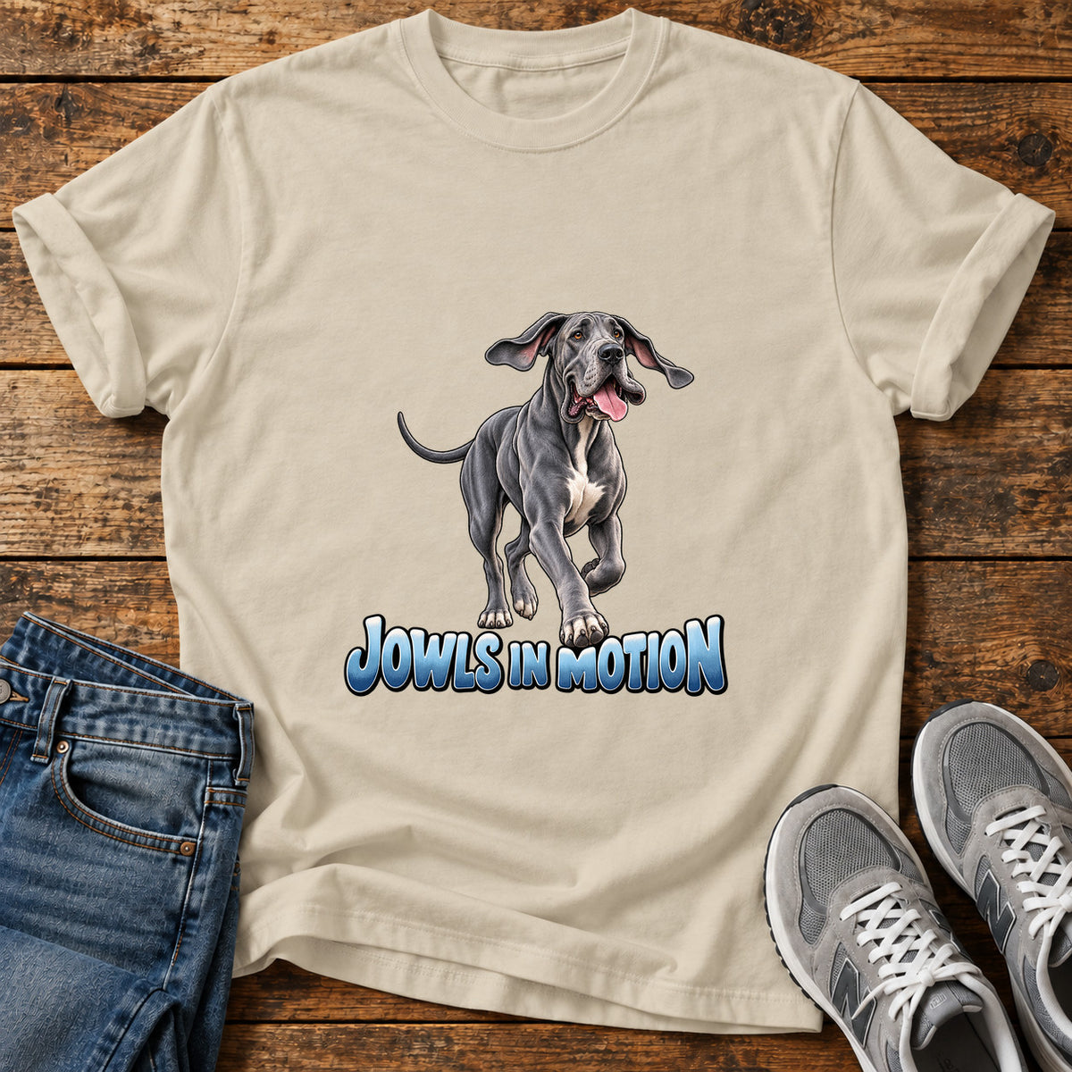 Jowls In Motion Great Dane graphic T-shirt in Sand, shown on a flat-lay shirt mockup