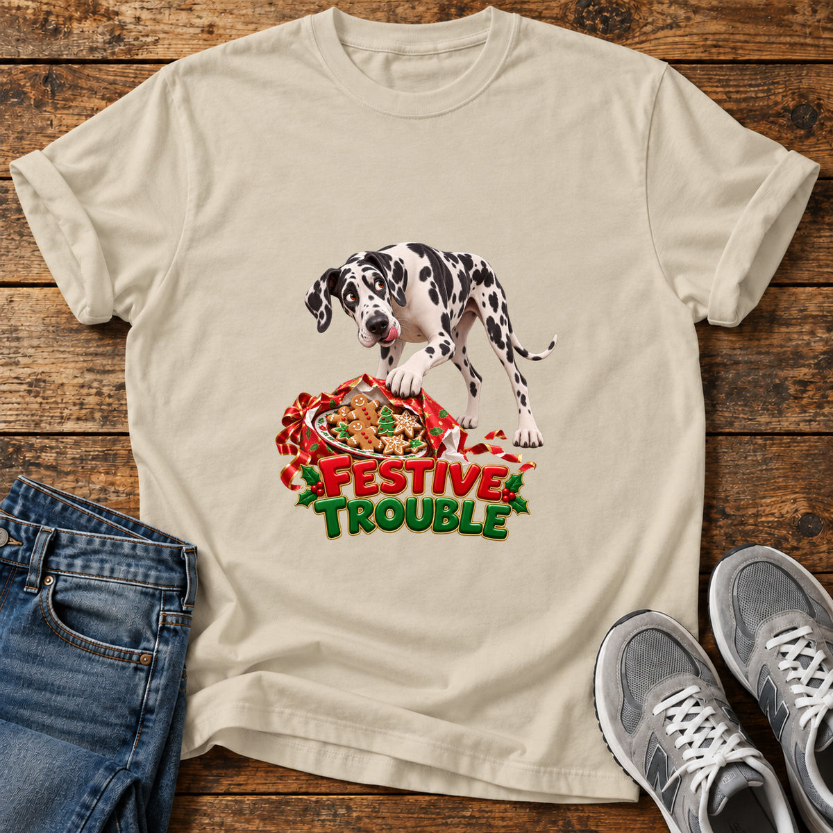 Festive Trouble Great Dane graphic T-shirt in Sand, shown on a flat-lay shirt mockup