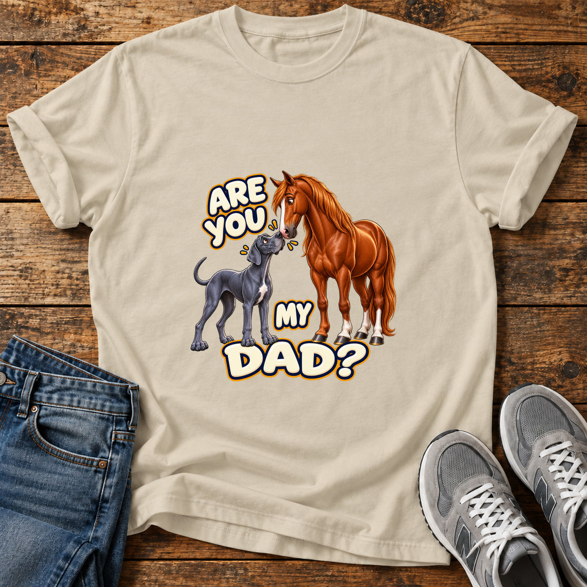 Are You Dad Great Dane graphic T-shirt in Sand, shown on a flat-lay shirt mockup