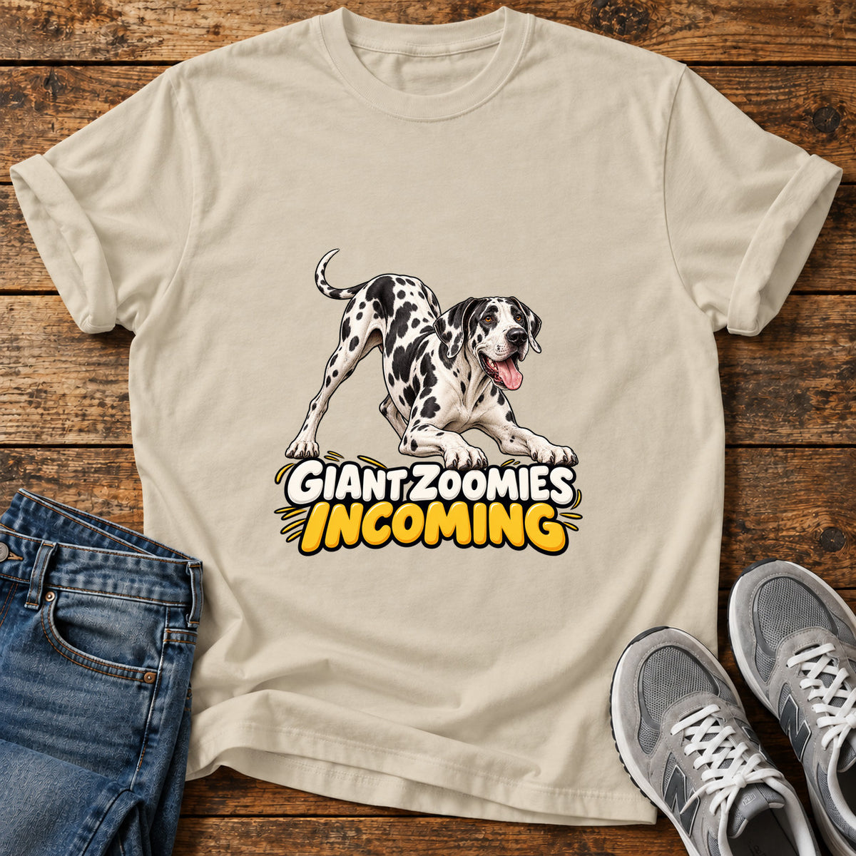 Giant Zoomies Great Dane graphic T-shirt in Sand, shown on a flat-lay shirt mockup