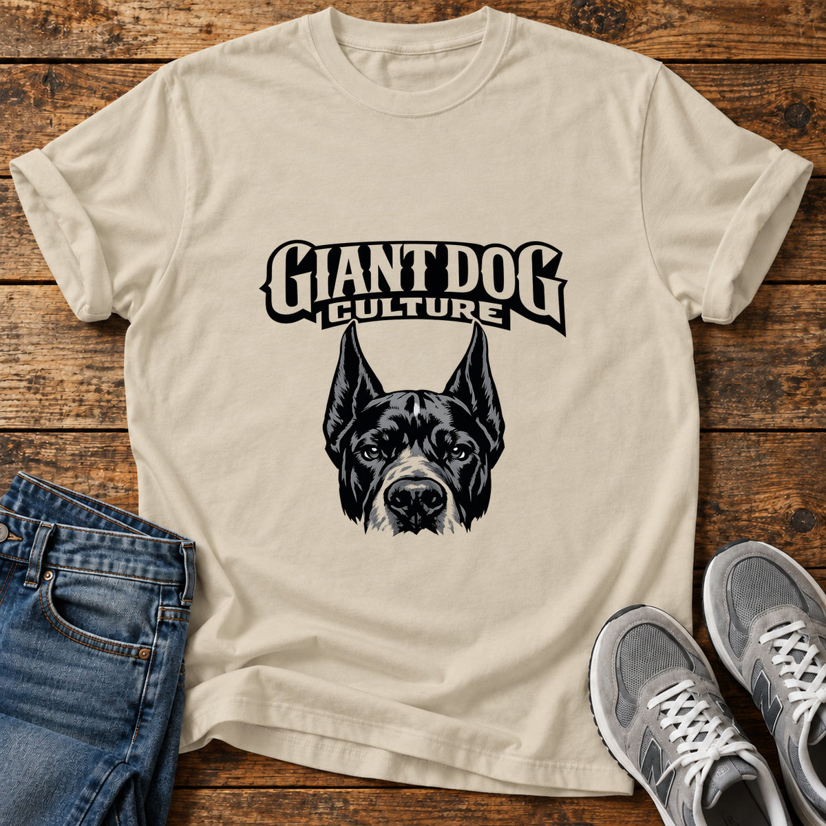 Giant Dog Culture Great Dane graphic T-shirt in Sand, shown on a flat-lay shirt mockup