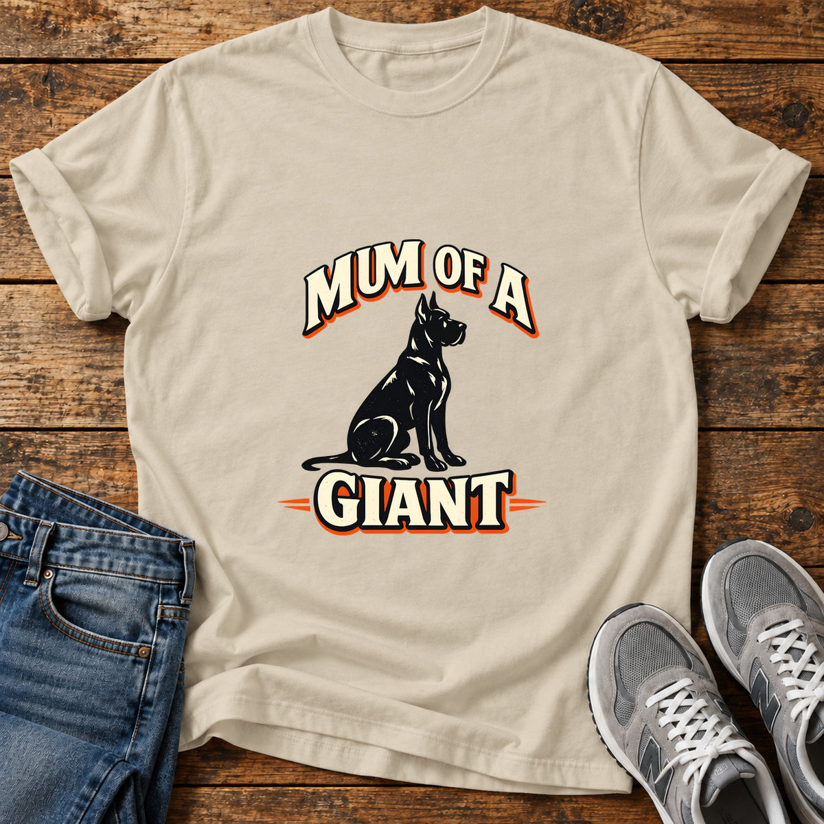 Mum Of Giant Great Dane graphic T-shirt in Sand, shown on a flat-lay shirt mockup
