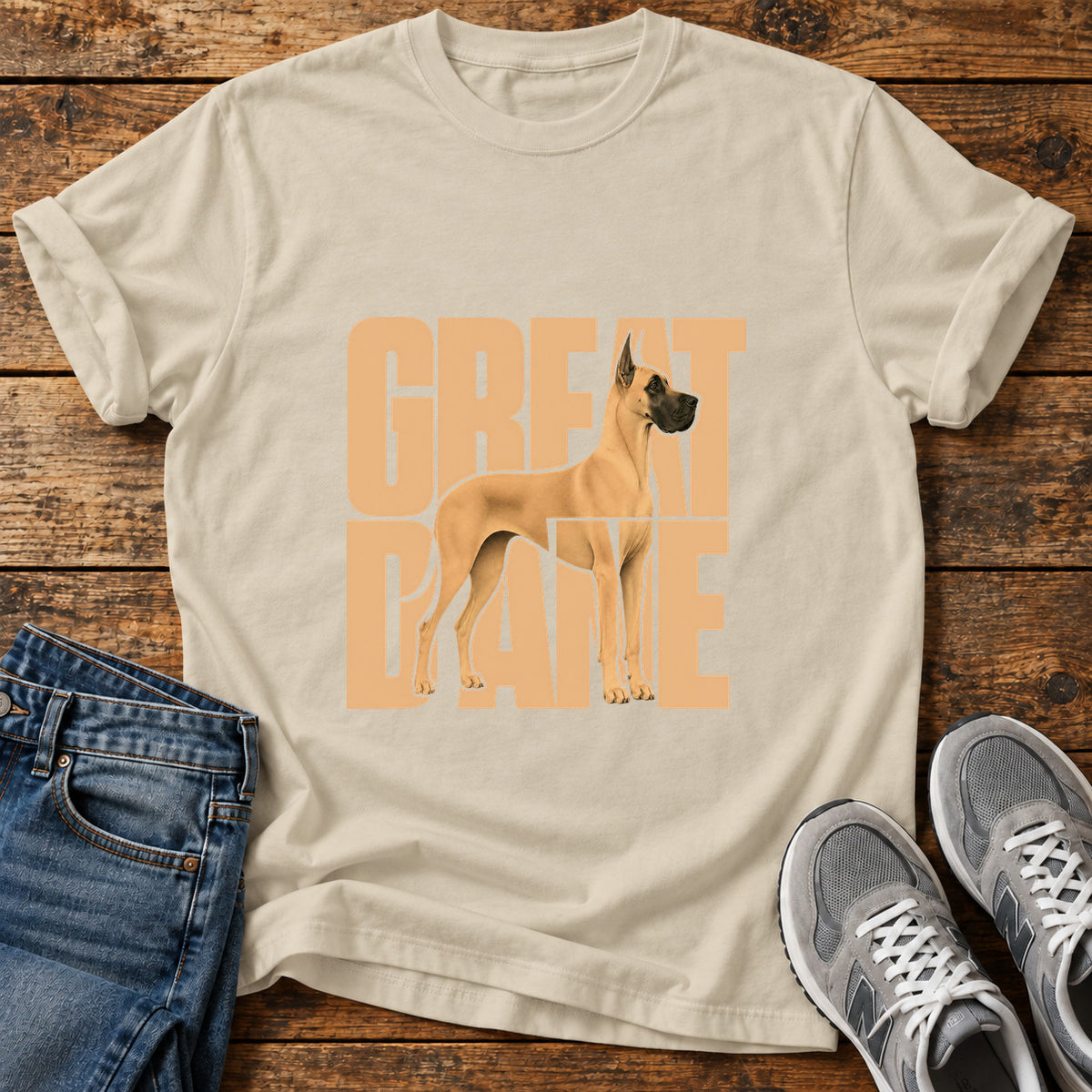 Great Dane graphic T-shirt in Sand, shown on a flat-lay shirt mockup