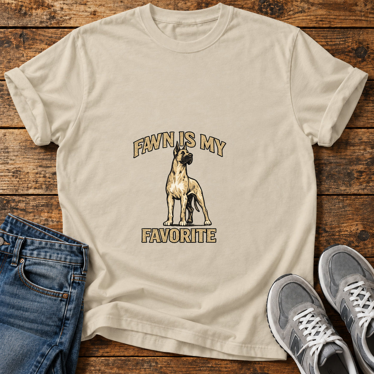 Fawn Favorite Great Dane graphic T-shirt in Sand, shown on a flat-lay shirt mockup