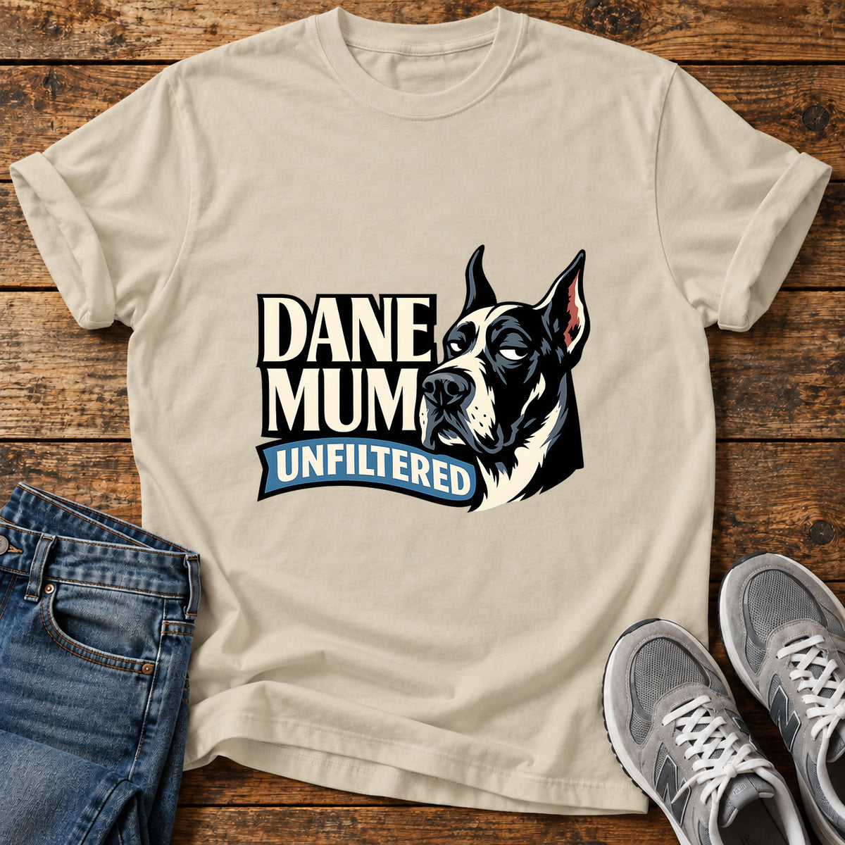 Dane Mum Unfiltered Great Dane graphic T-shirt in Sand, shown on a flat-lay shirt mockup