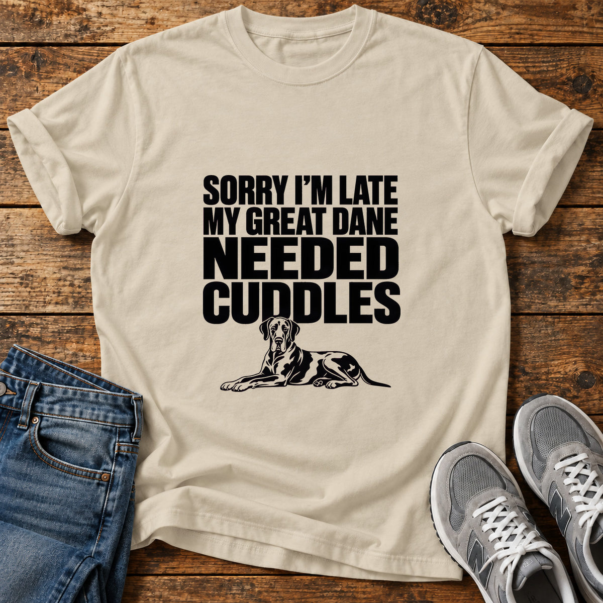 Great Dane Cuddles graphic T-shirt in Sand, shown on a flat-lay shirt mockup