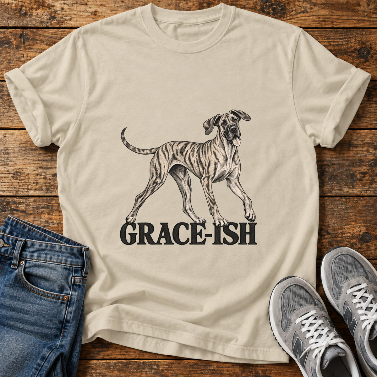 Grace-Ish Dog Great Dane graphic T-shirt in Sand, shown on a flat-lay shirt mockup
