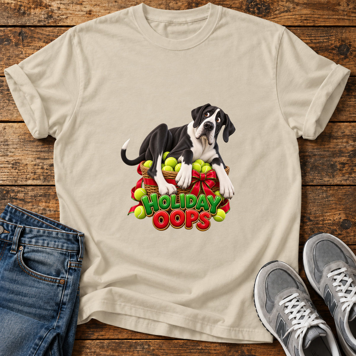Holiday Oops Great Dane graphic T-shirt in Sand, shown on a flat-lay shirt mockup