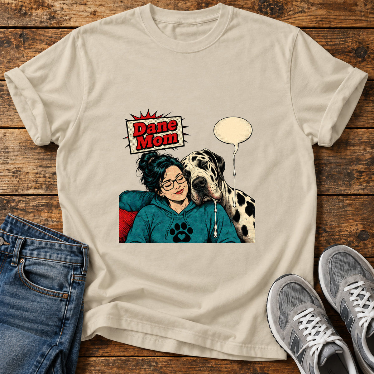Dane Mom Great Dane graphic T-shirt in Sand, shown on a flat-lay shirt mockup