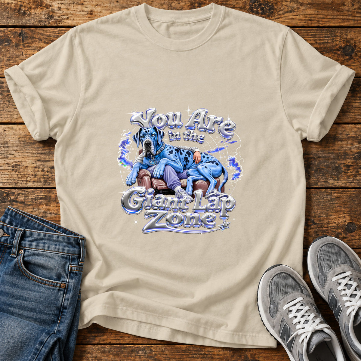 Giant Lap Zone Great Dane graphic T-shirt in Sand, shown on a flat-lay shirt mockup