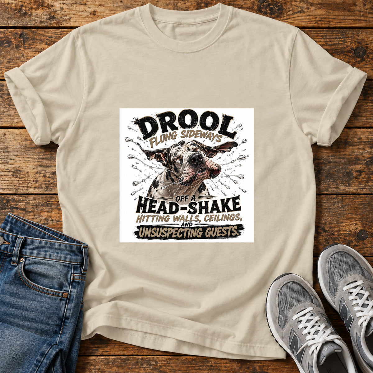 Drool Head-Shake Great Dane graphic T-shirt in Sand, shown on a flat-lay shirt mockup