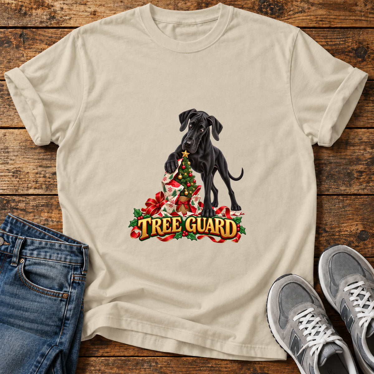 Tree Guard Great Dane graphic T-shirt in Sand, shown on a flat-lay shirt mockup