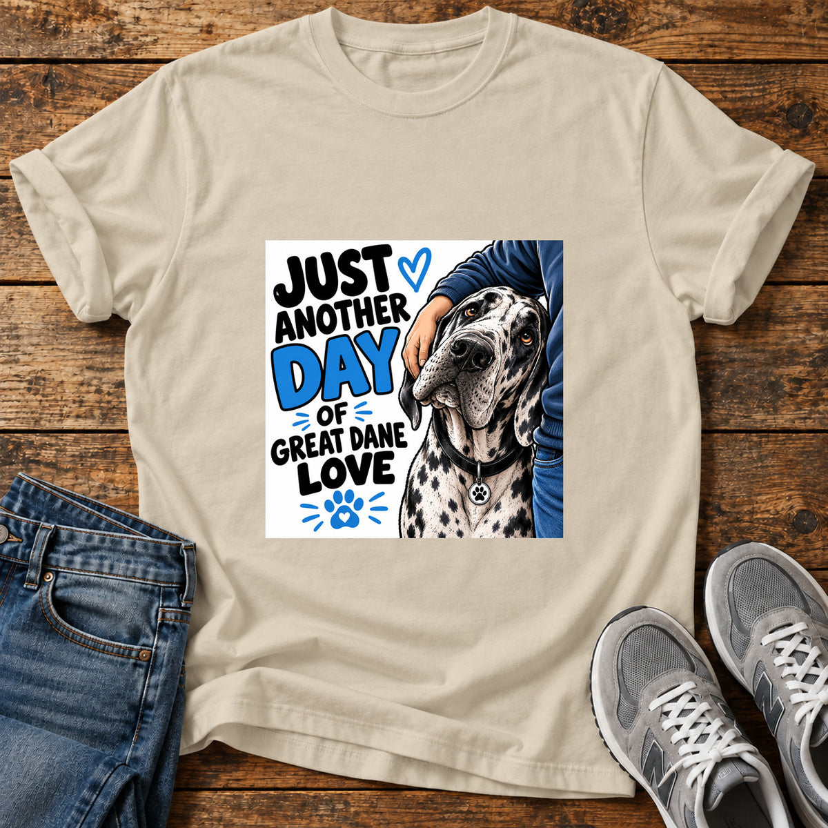 Great Dane Love graphic T-shirt in Sand, shown on a flat-lay shirt mockup