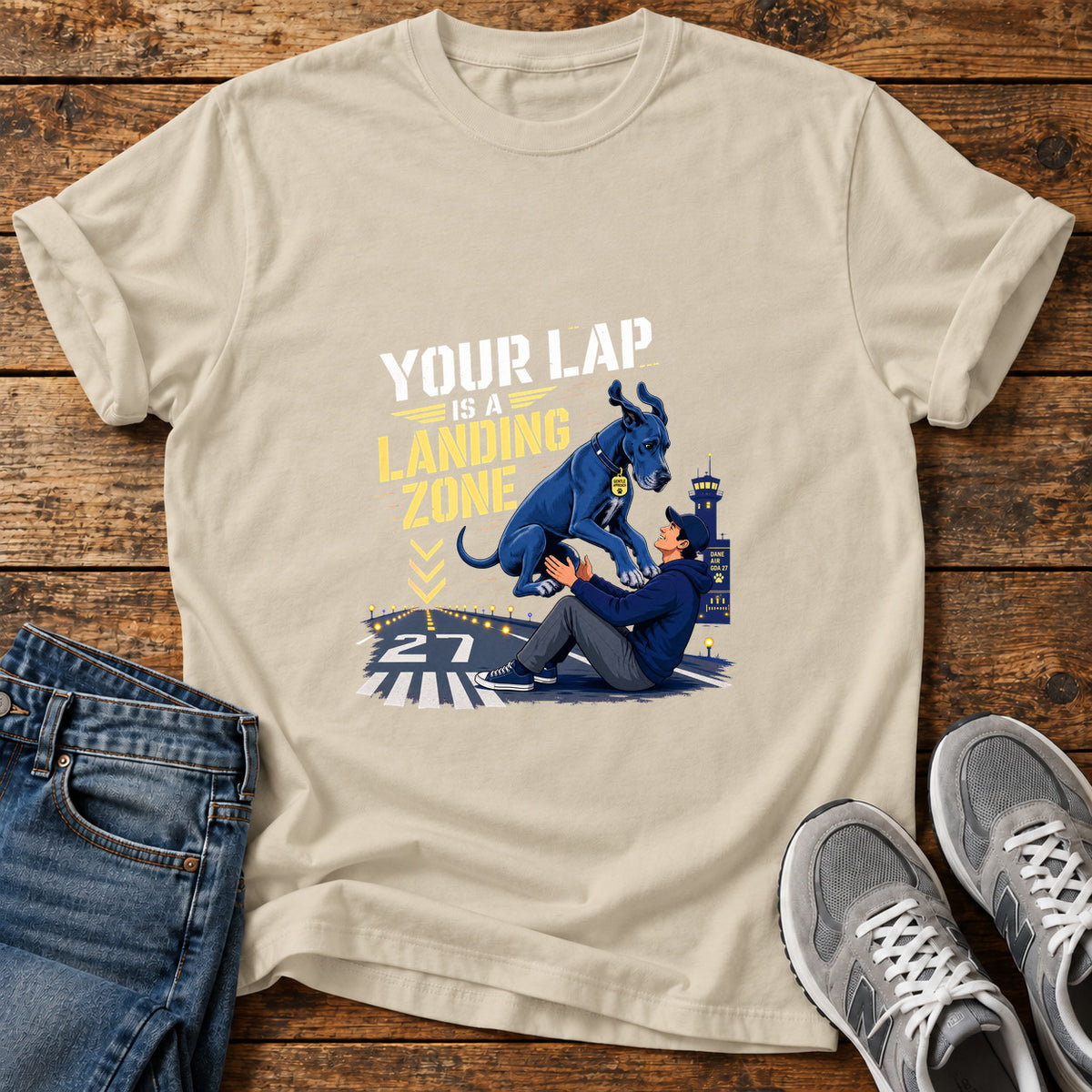 Landing Zone Great Dane graphic T-shirt in Sand, shown on a flat-lay shirt mockup