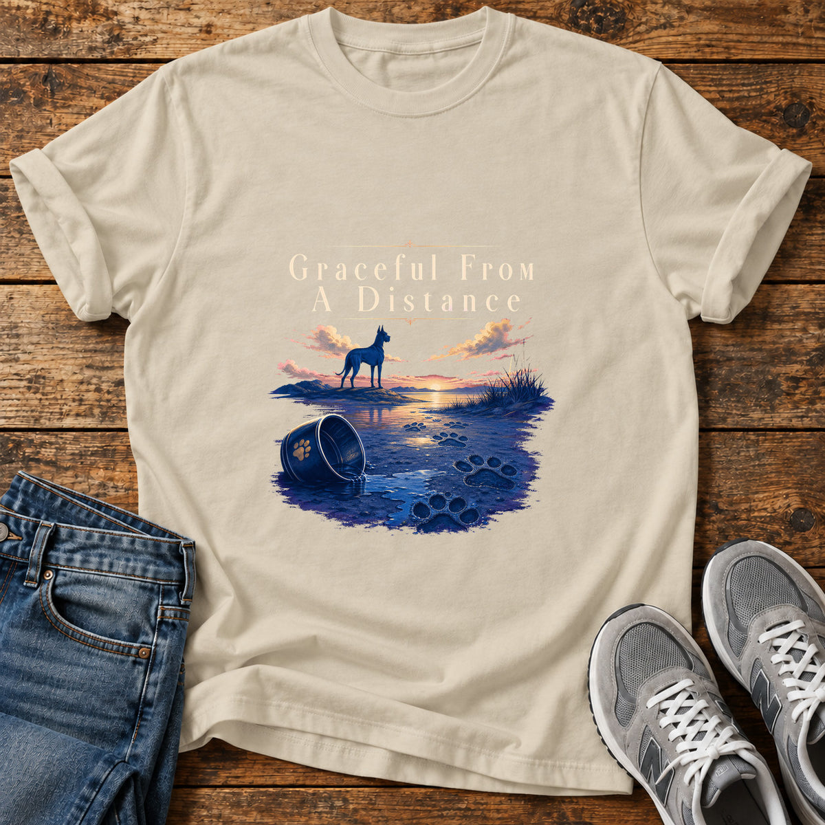 Graceful Distance Great Dane graphic T-shirt in Sand, shown on a flat-lay shirt mockup