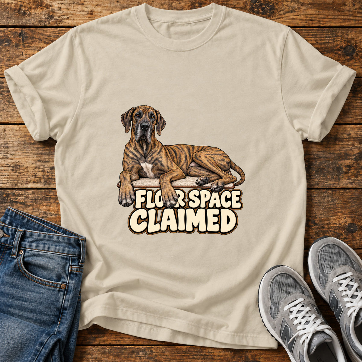 Floor Space Claimed Great Dane graphic T-shirt in Sand, shown on a flat-lay shirt mockup