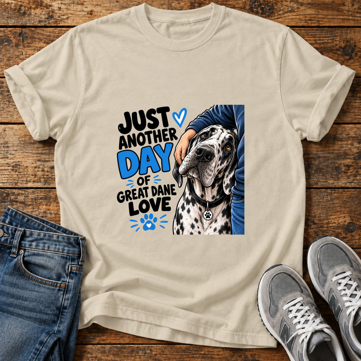 Great Dane Love graphic T-shirt in Sand, shown on a flat-lay shirt mockup