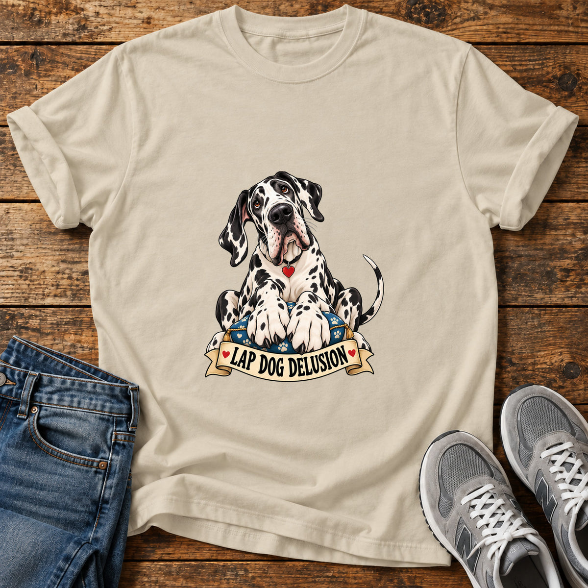 Lap Dog Delusion Great Dane graphic T-shirt in Sand, shown on a flat-lay shirt mockup