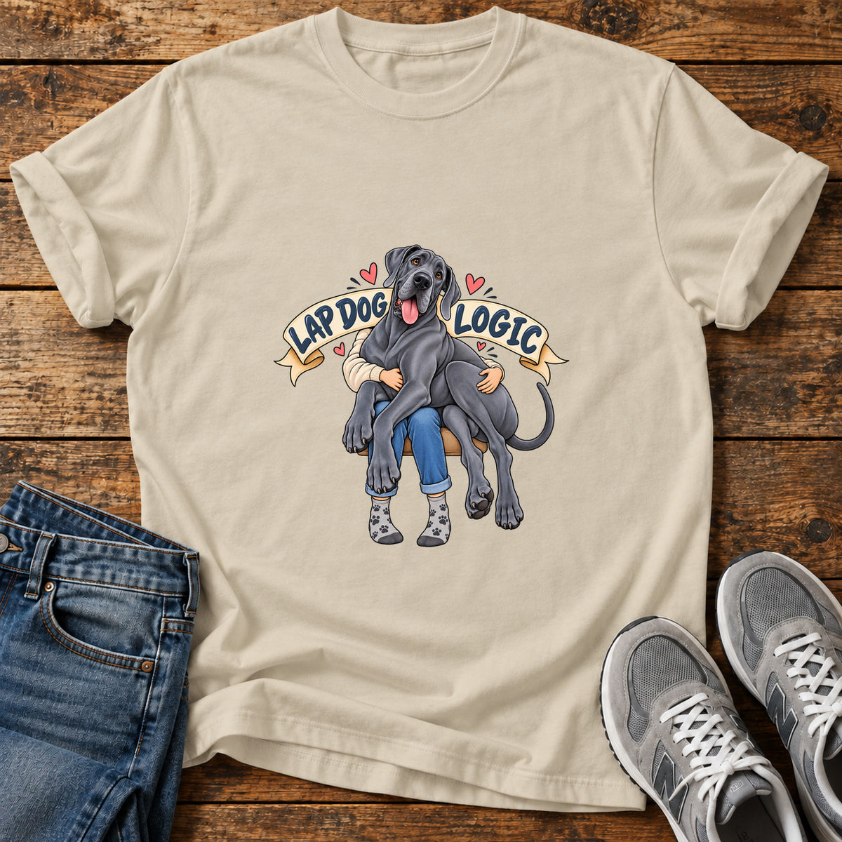 Lap Dog Logic Great Dane graphic T-shirt in Sand, shown on a flat-lay shirt mockup