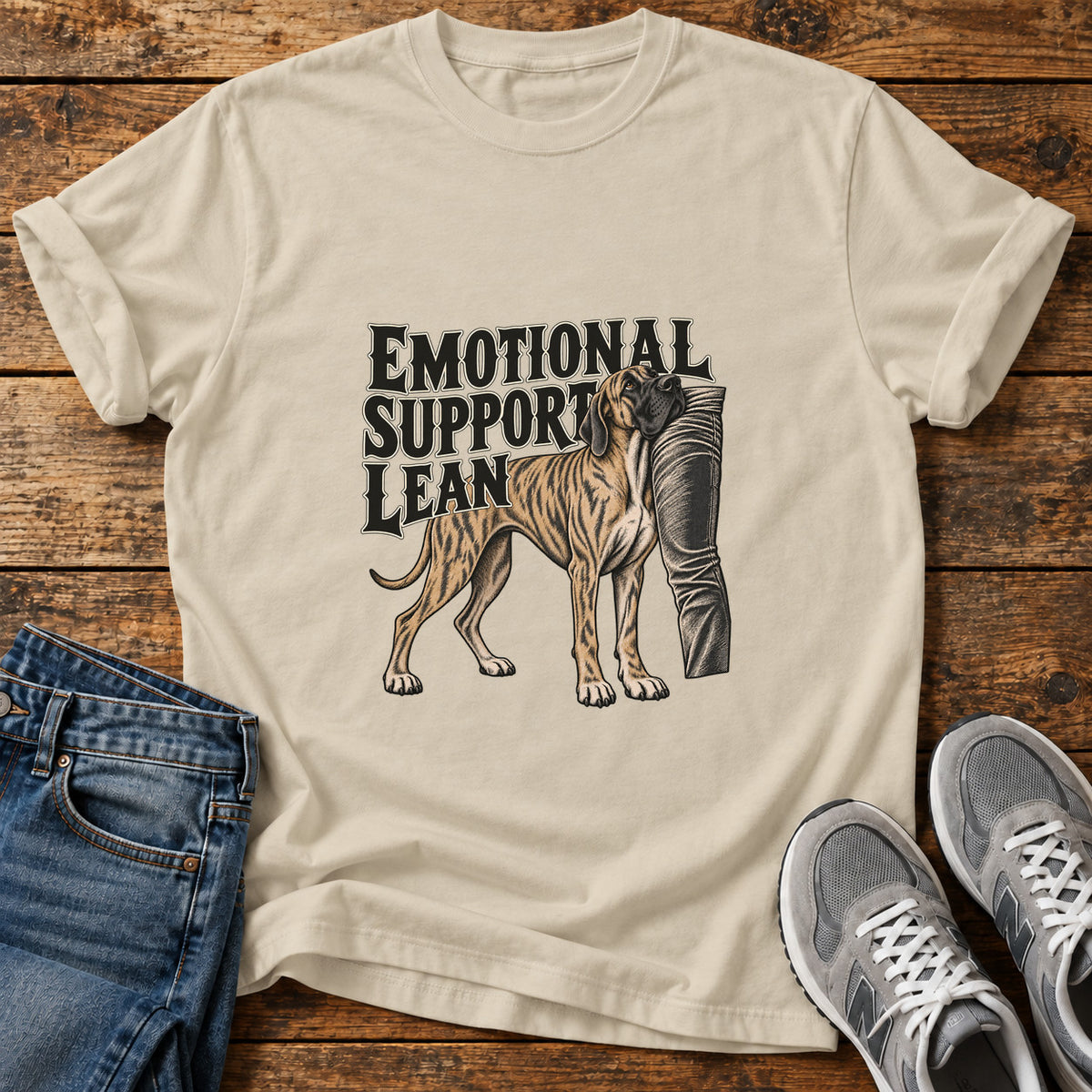 Emotional Support Lean Great Dane graphic T-shirt in Sand, shown on a flat-lay shirt mockup