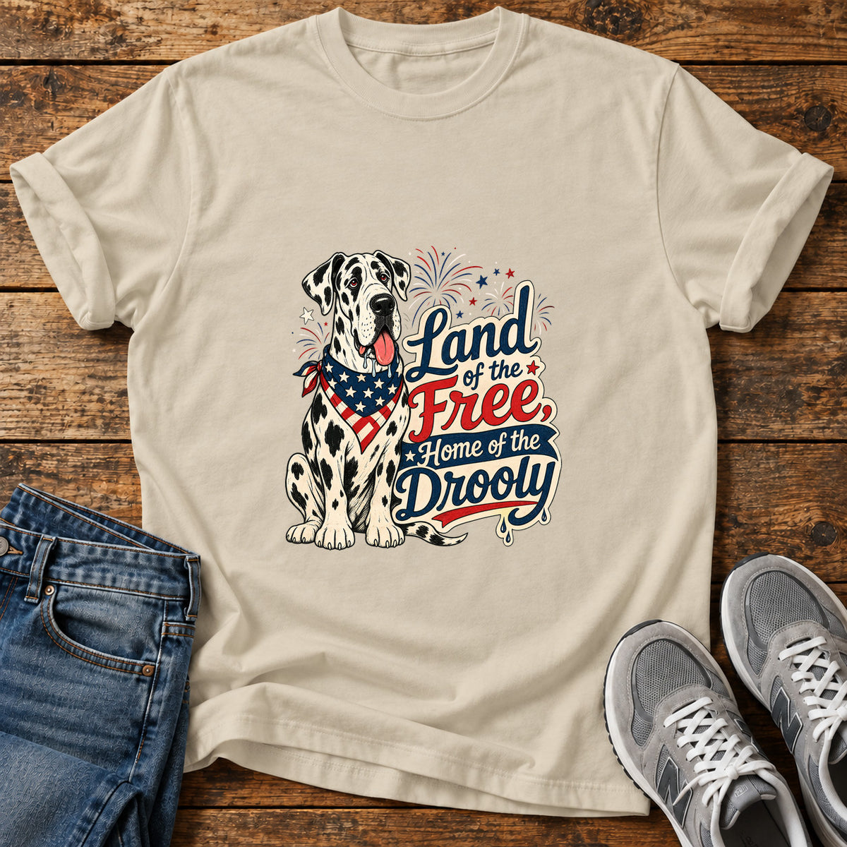 Land of Drooly Great Dane graphic T-shirt in Sand, shown on a flat-lay shirt mockup