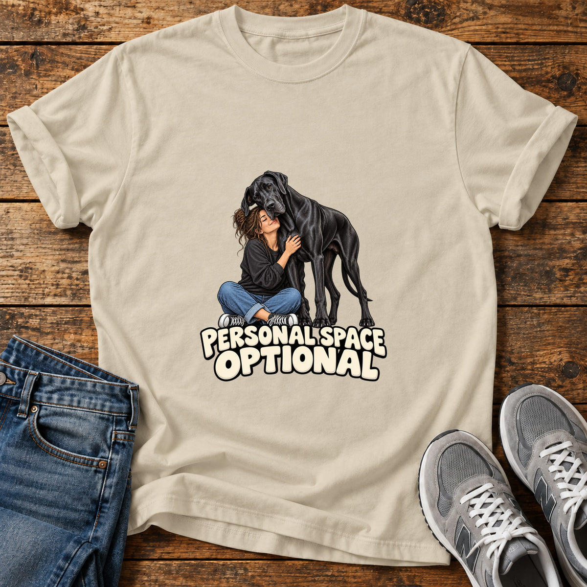 Personal Space Optional Great Dane graphic T-shirt in Sand, shown on a flat-lay shirt mockup