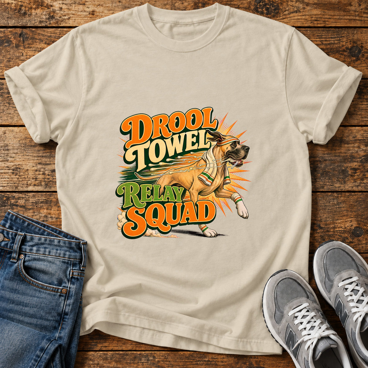 Drool Towel Squad Great Dane graphic T-shirt in Sand, shown on a flat-lay shirt mockup