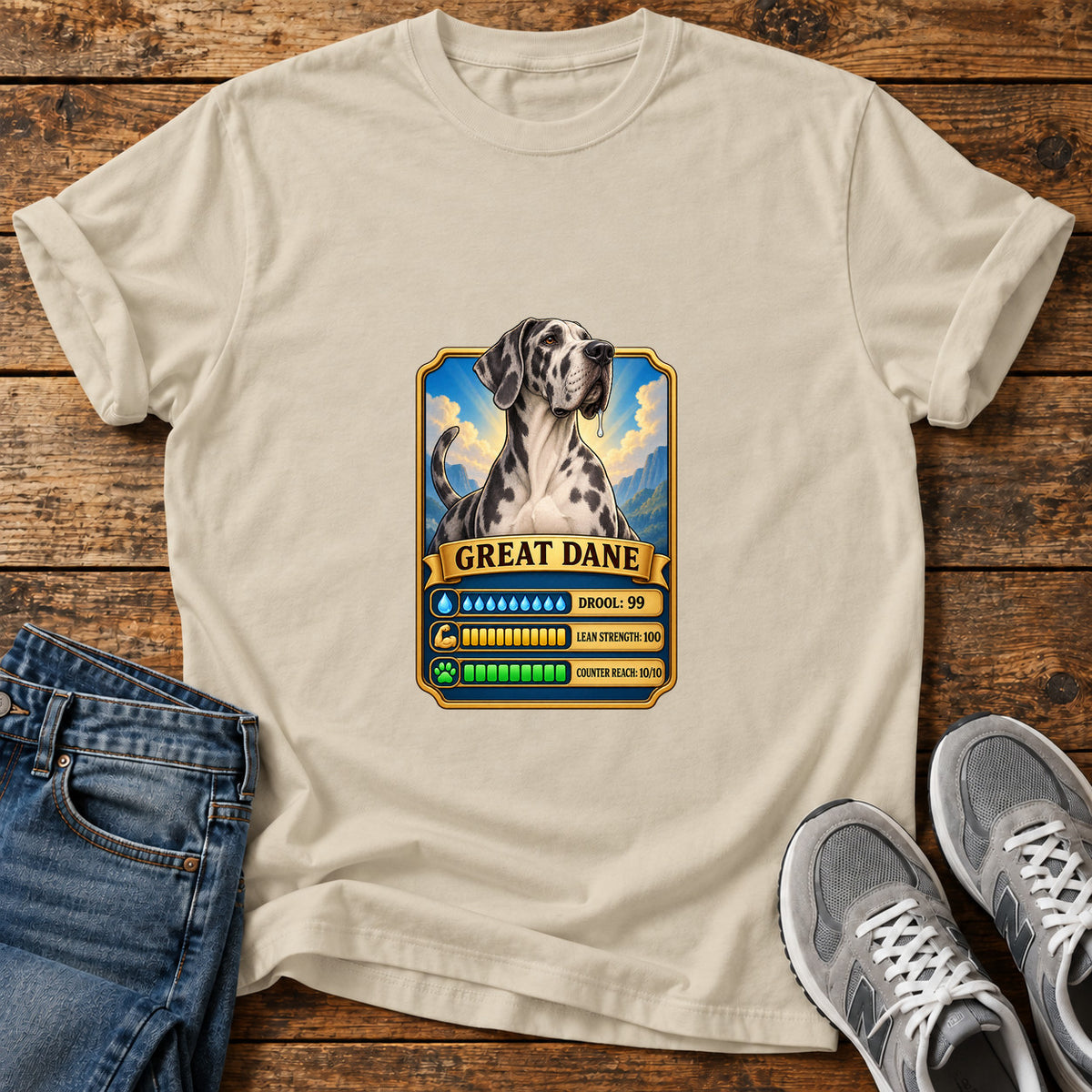 Great Dane Stats graphic T-shirt in Sand, shown on a flat-lay shirt mockup