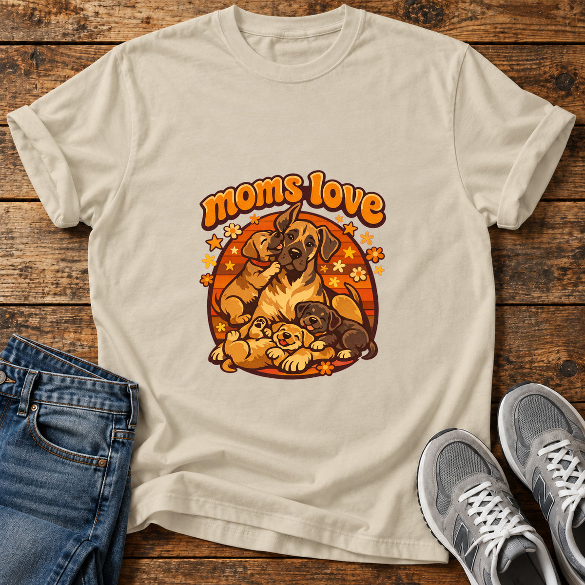 Moms Love Great Dane graphic T-shirt in Sand, shown on a flat-lay shirt mockup