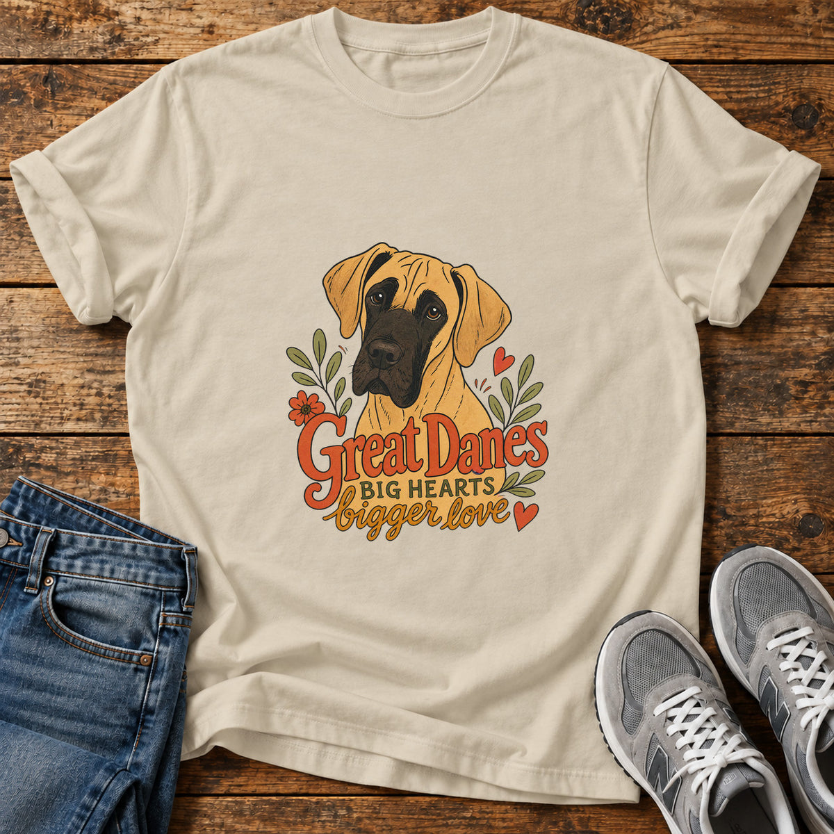 Great Danes Love graphic T-shirt in Sand, shown on a flat-lay shirt mockup