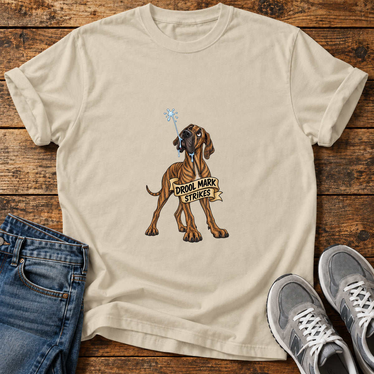 Drool Mark Strikes Great Dane graphic T-shirt in Sand, shown on a flat-lay shirt mockup