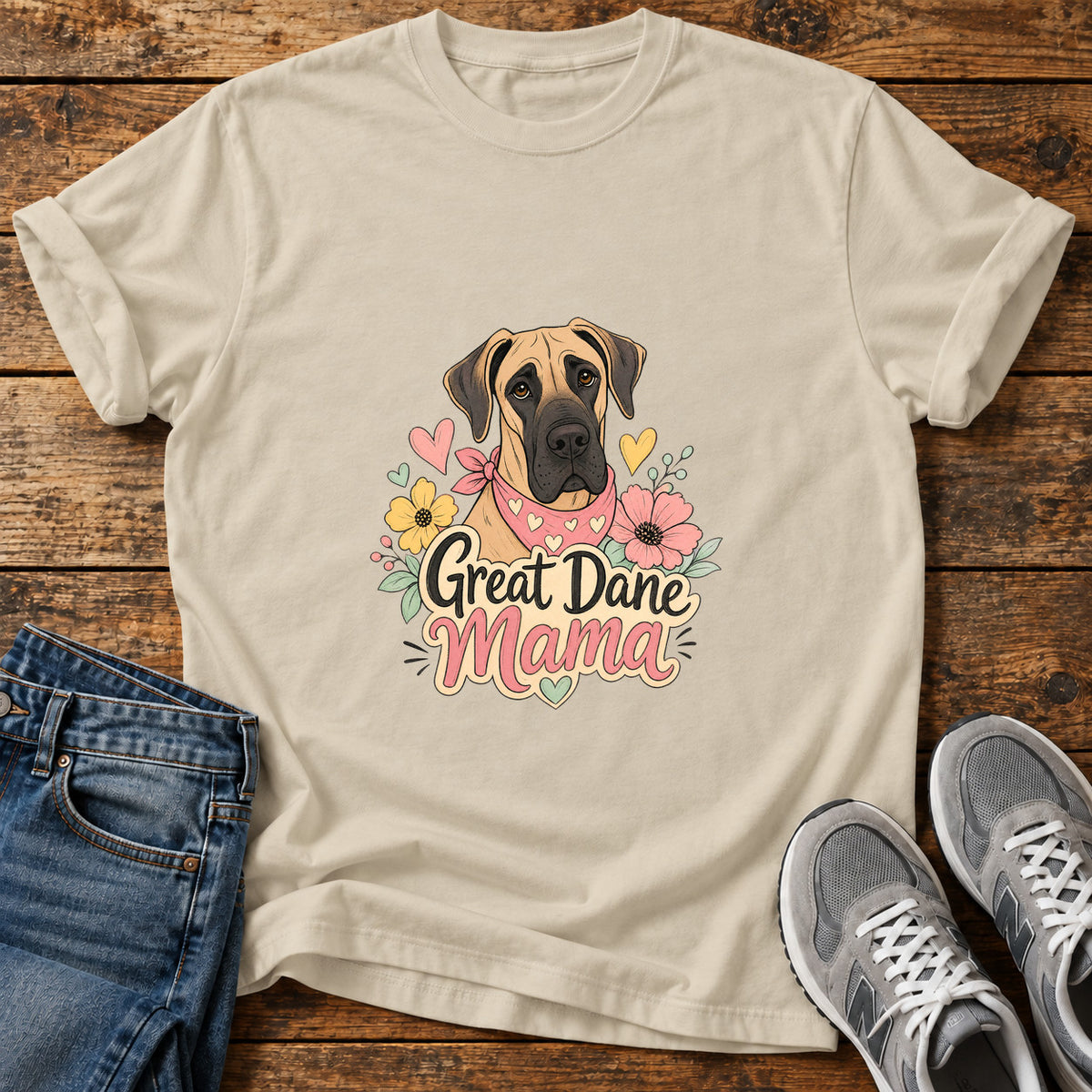 Great Dane Mama graphic T-shirt in Sand, shown on a flat-lay shirt mockup