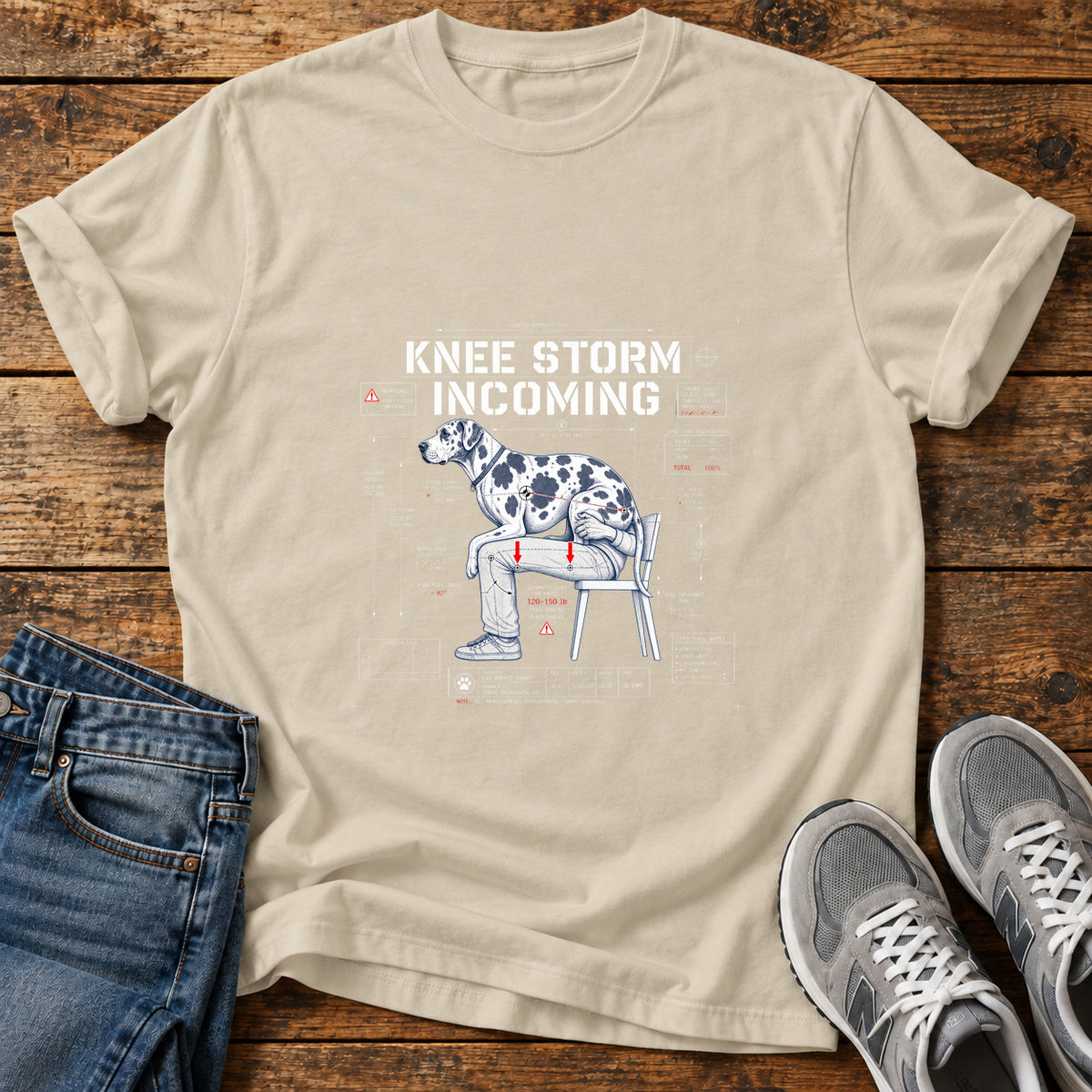 Knee Storm Incoming Great Dane graphic T-shirt in Sand, shown on a flat-lay shirt mockup