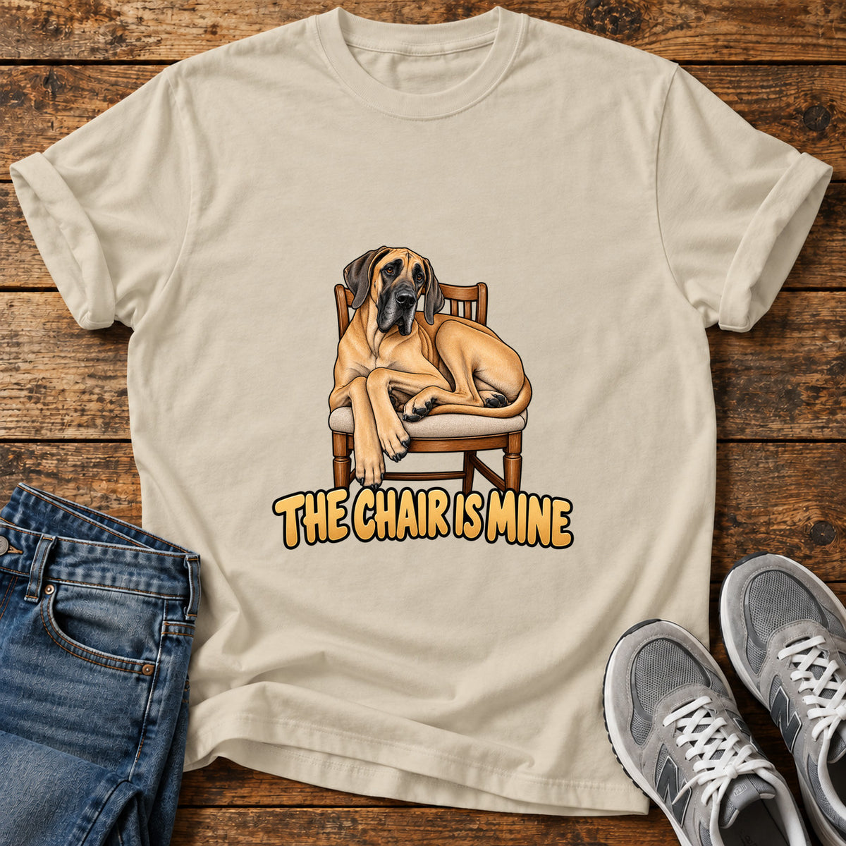 The Chair Great Dane graphic T-shirt in Sand, shown on a flat-lay shirt mockup