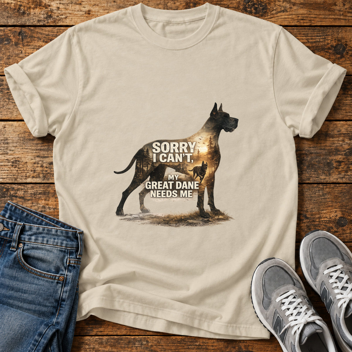 Great Dane Love graphic T-shirt in Sand, shown on a flat-lay shirt mockup