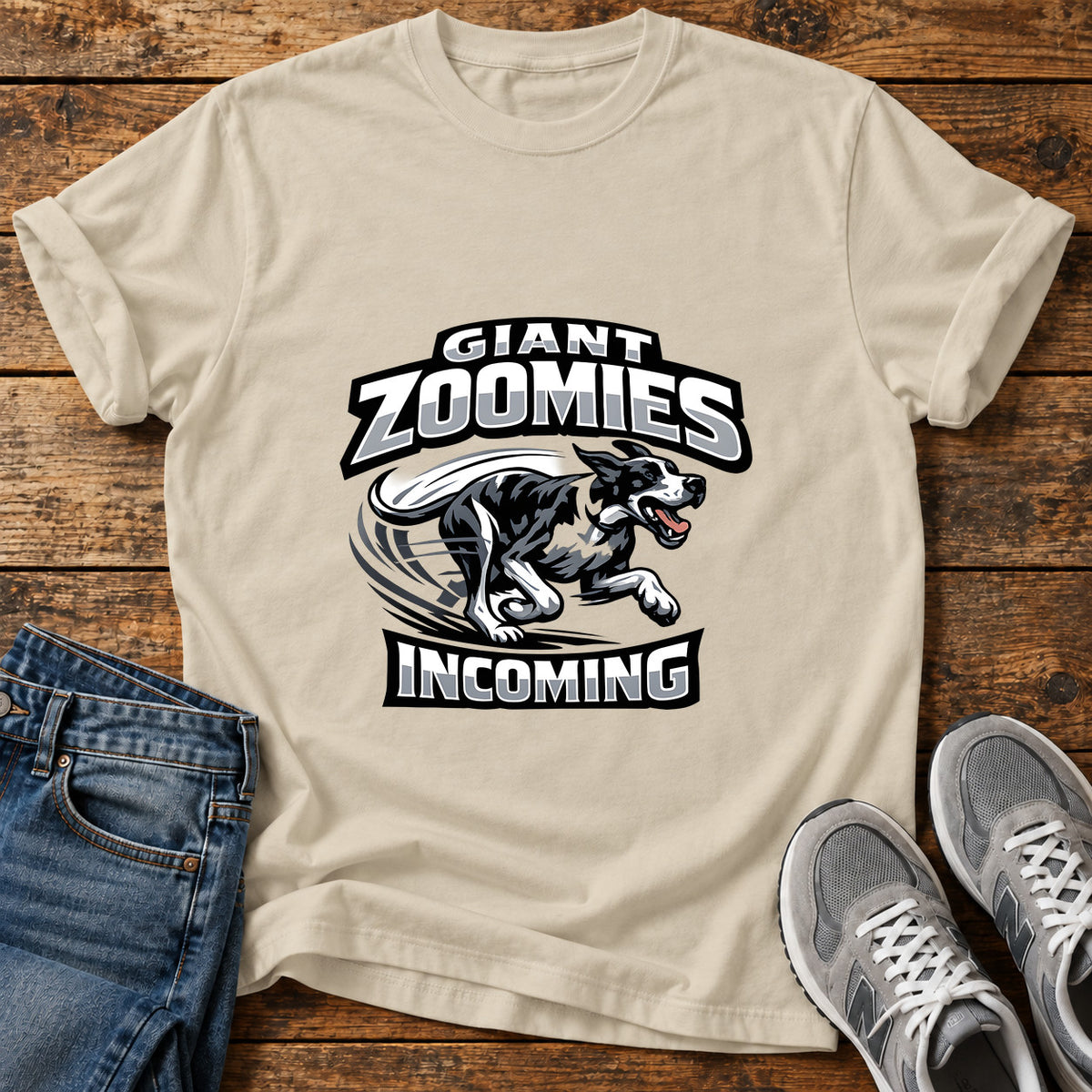 Giant Zoomies Great Dane graphic T-shirt in Sand, shown on a flat-lay shirt mockup