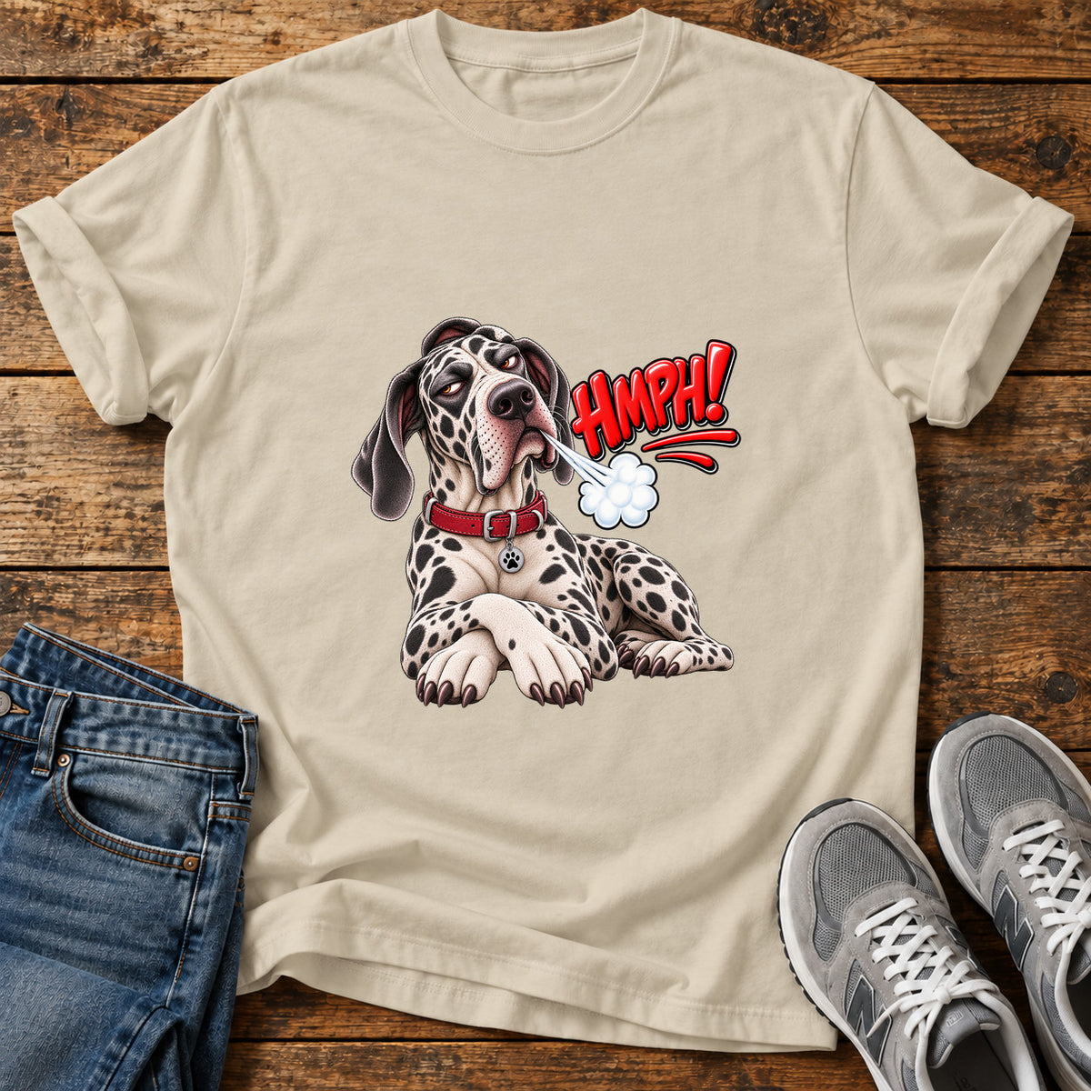 Hmph Pooch Great Dane graphic T-shirt in Sand, shown on a flat-lay shirt mockup