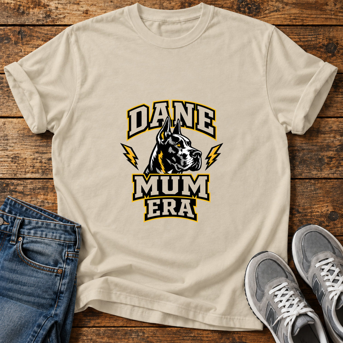 Dane Mum Era Great Dane graphic T-shirt in Sand, shown on a flat-lay shirt mockup