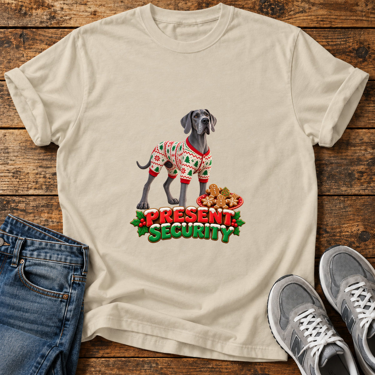 Present Security Great Dane graphic T-shirt in Sand, shown on a flat-lay shirt mockup