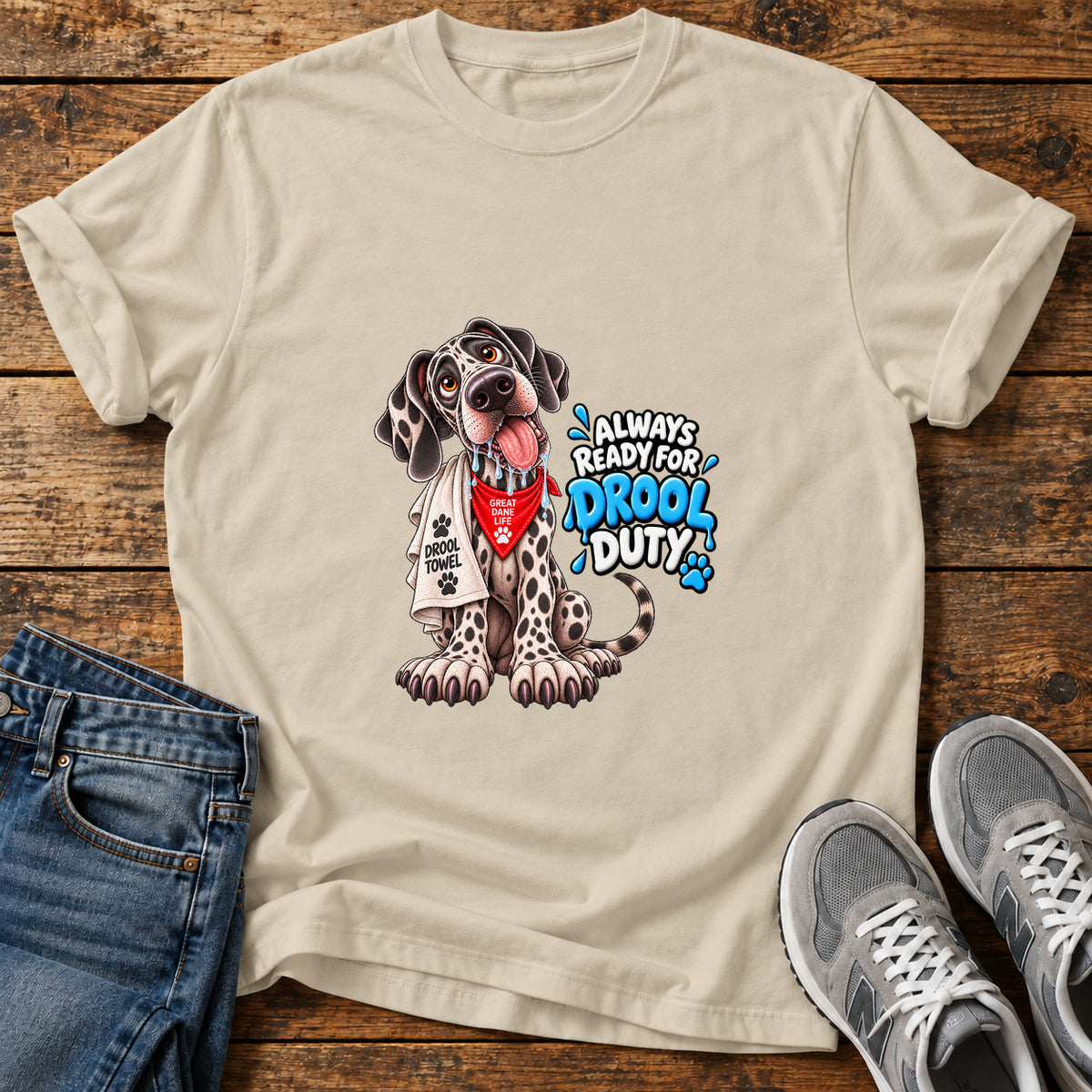 Drool Duty Great Dane graphic T-shirt in Sand, shown on a flat-lay shirt mockup