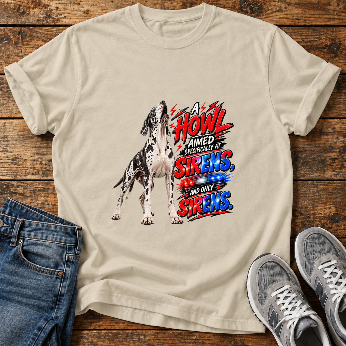 Howl Sirens Great Dane graphic T-shirt in Sand, shown on a flat-lay shirt mockup